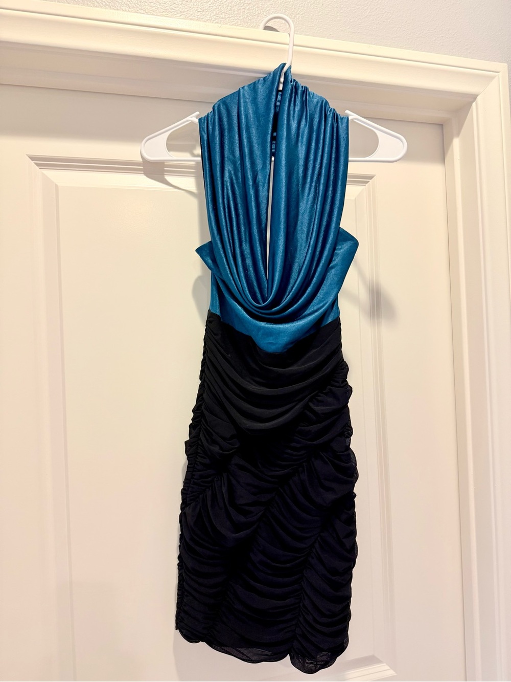 bebe XS Teal Blue Black Ruched Halter Mini Dress Y2K Bodycon